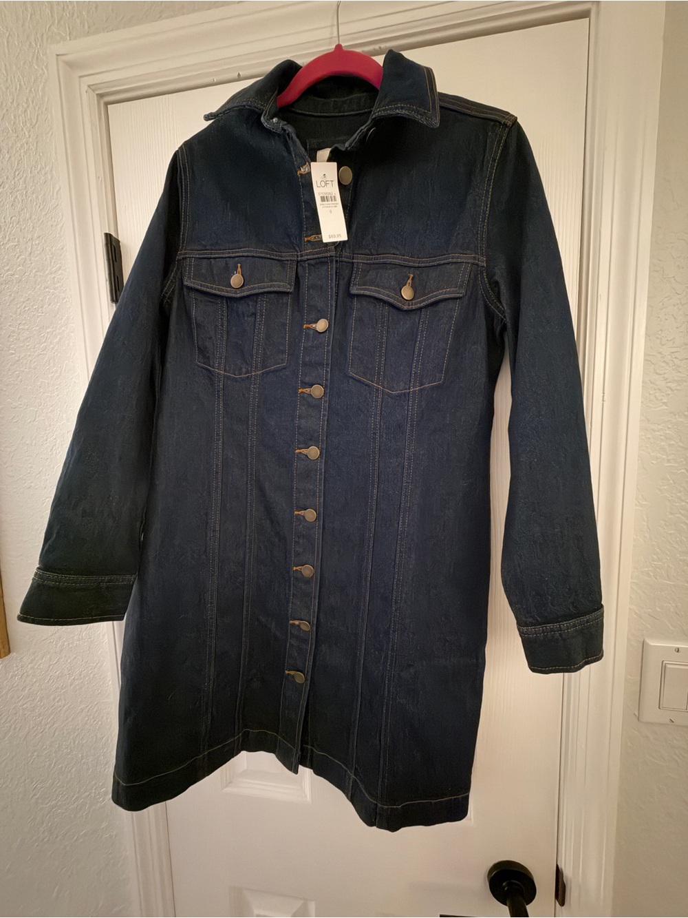 LOFT Dark Indigo Denim Button-Front Long Jean Jacket